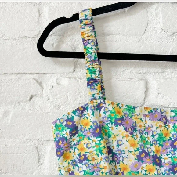 NWT Zara Floral Mini Dress Bow Tie Back Ruched Spaghetti Straps - Picture 3 of 8